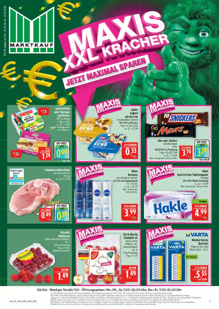 Aktueller Prospekt Marktkauf - Prospekt - von 25.01 bis 31.01.2026 - strona 1 - produkty: batterie, batterien, Becher, beere, beeren, butter, deo, deospray, eis, hakle, himbeer, himbeere, himbeeren, joghur, joghurt, joghurt mit der ecke, mars, Müller, papier, reis, riegel, schoko, schokoriegel, schwein, schweine, snickers, tafeläpfel, Ti, toilettenpapier, uhr, wein, weine