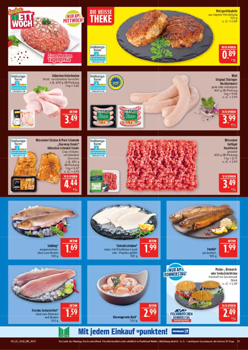 Aktueller Prospekt Marktkauf - Prospekt - von 25.01 bis 31.01.2026 - strona 13 - produkty: aioli, bismarck, braten, dell, eis, elle, filet, fisch, fleisch, forelle, frischfisch, frischkäse, Geflügel, gewürz, gin, hackfleisch, hähnchen-schenkel, henkel, ideal zum braten, Käse, kräuter, lachs, lachsfilet, LG, mac, natur, original thüringer, paprika, reis, rel, ring, schenkel, seelachsfilet, steak, steaks, Ti, wiesenhof, wurst, ZTE