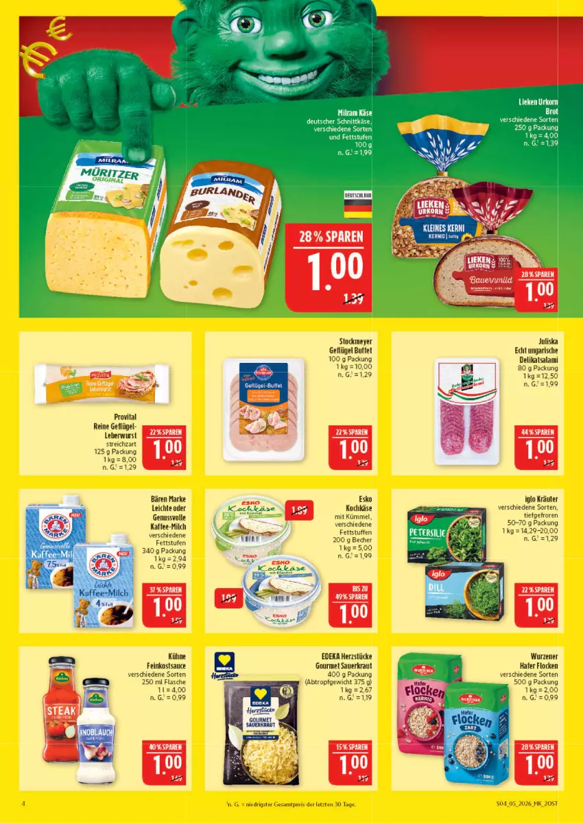 Aktueller Prospekt Marktkauf - Prospekt - von 25.01 bis 31.01.2026 - strona 4 - produkty: auer, deka, deutscher schnittkäse, eis, feinkost, flasche, Geflügel, gin, hafer, iglo, kaffee, Käse, Kraut, kräuter, Kühne, leberwurst, milch, nuss, reis, salami, sauce, Sauerkraut, schnittkäse, stockmeyer, Streichzart, Ti, vita, wurst, ZTE