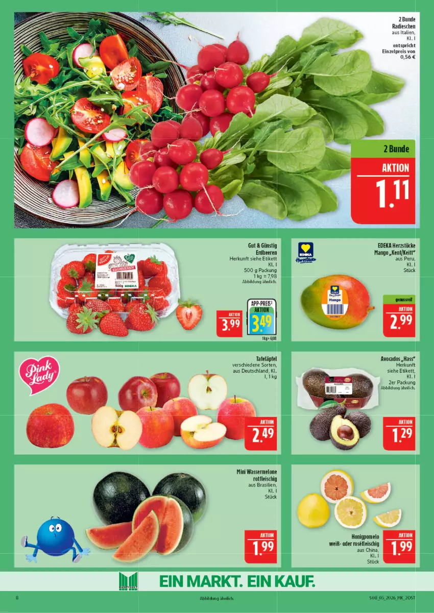 Aktueller Prospekt Marktkauf - Prospekt - von 25.01 bis 31.01.2026 - strona 8 - produkty: avocado, avocados, beere, beeren, deka, eis, erdbeere, erdbeeren, fleisch, honig, Honigpomelo, mango, melone, Pomelo, radieschen, reis, tafeläpfel, Ti, wasser, wassermelone