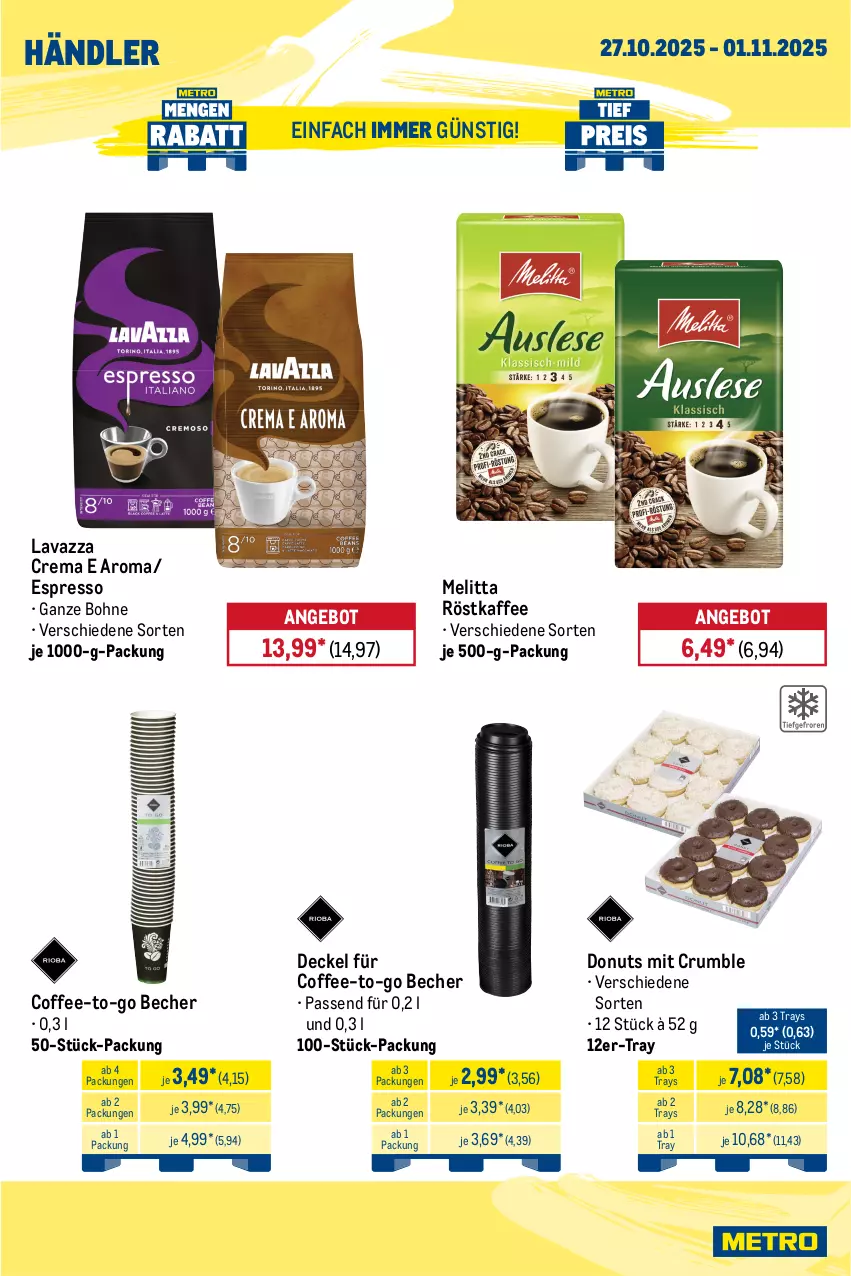 Aktueller Prospekt Metro - Wochen-Angebote Händler - von 27.10 bis 01.11.2025 - strona 8 - produkty: angebot, Becher, bohne, decke, Deckel, Donut, donuts, eis, espresso, kaffee, lavazza, melitta, reis, röstkaffee, rum, Ti