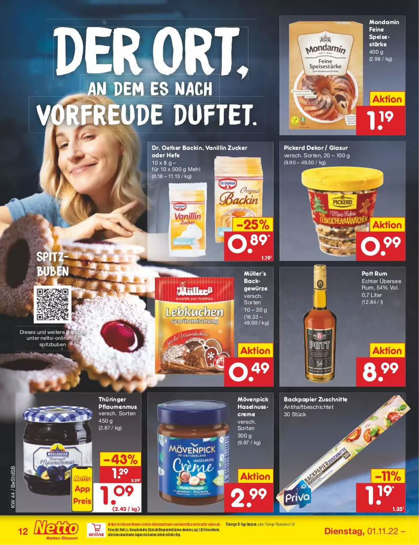 Aktueller Prospekt Netto Marken-Discount - Filial-Angebote - von 01.11 bis 05.11.2022 - strona 12 - produkty: bestpreis, creme, Dr. Oetker, eis, gewürz, haselnuss, Haselnusscreme, Hefe, mehl, mondamin, mövenpick, Müller, ndk, nuss, papier, pflaume, pflaumen, pflaumenmus, reis, rezept, rezepte, ring, rum, Ti, zucker