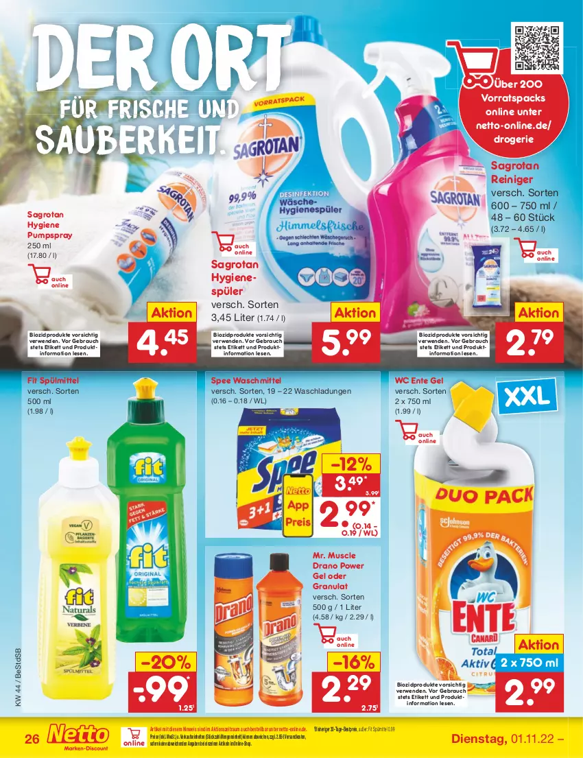 Aktueller Prospekt Netto Marken-Discount - Filial-Angebote - von 01.11 bis 05.11.2022 - strona 26 - produkty: bestpreis, bio, biozidprodukte, eis, ente, hygienespüler, ndk, Rauch, reiniger, reis, rwe, sagrotan, spee, spülmittel, Ti, waschmittel, wc ente