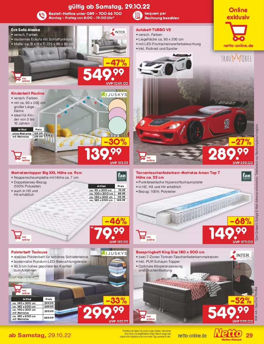 Aktueller Prospekt Netto Marken-Discount - Filial-Angebote - von 01.11 bis 05.11.2022 - strona 29 - produkty: angebot, asti, auto, beleuchtung, bett, boxspringbett, eis, federkern, federkernmatratze, kernmatratze, Kinder, Kinderbett, latte, led-beleuchtung, Liege, matratze, matratzen, Matratzentopper, Mode, ohne matratze, polsterbett, reis, ring, Sofa, Tasche, taschen, taschenfederkern-matratze, taschenfederkernmatratze, telefon, Ti, tisch, topper, uhr, ZTE