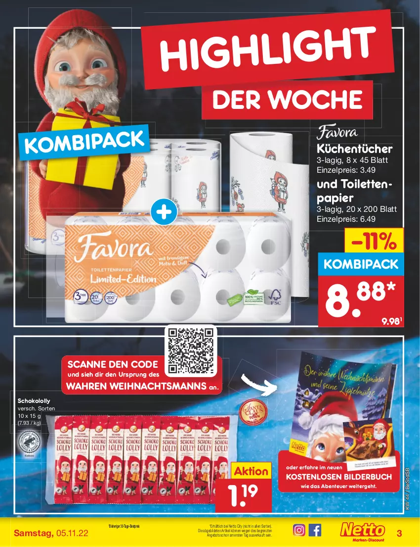 Aktueller Prospekt Netto Marken-Discount - Filial-Angebote - von 01.11 bis 05.11.2022 - strona 3 - produkty: angebot, bestpreis, buch, eis, ente, küche, Küchen, küchentücher, papier, reis, schoko, Ti, toilettenpapier, tücher, weihnachten, ZTE