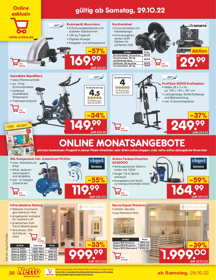 Aktueller Prospekt Netto Marken-Discount - Filial-Angebote - von 01.11 bis 05.11.2022 - strona 30 - produkty: angebot, angebote, Bau, butter, computer, eis, Elektro, Holz, koffer, kompressor, kraft, latte, ndk, pute, reis, Ria, schlauch, spee, Sport, steckdose, Ti, Tiere, tisch