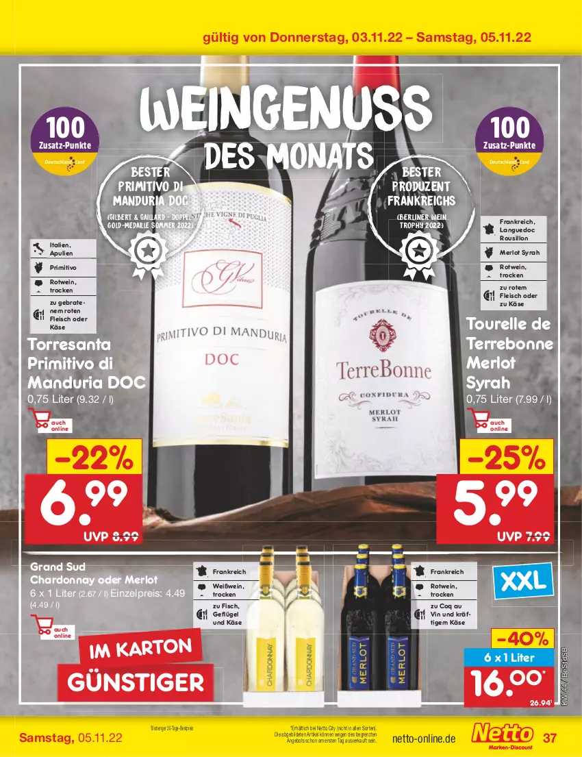 Aktueller Prospekt Netto Marken-Discount - Filial-Angebote - von 01.11 bis 05.11.2022 - strona 37 - produkty: angebot, berliner, bestpreis, braten, chardonnay, eis, elle, fisch, fleisch, Geflügel, grand sud, Käse, LG, merl, merlot, nuss, primitivo, reis, rel, resa, Ria, rotwein, Ti, wein, Weißwein, ZTE