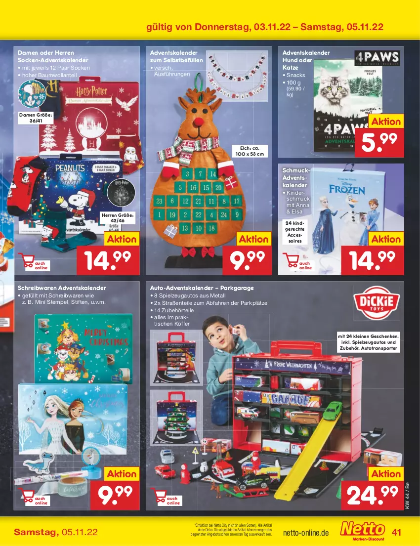 Aktueller Prospekt Netto Marken-Discount - Filial-Angebote - von 01.11 bis 05.11.2022 - strona 41 - produkty: ACC, accessoires, Adventskalender, angebot, auto, Bau, ente, Kinder, koffer, leine, Schmuck, schreibwaren, snack, snacks, socken, spielzeug, Sport, stifte, Ti, tisch, ZTE