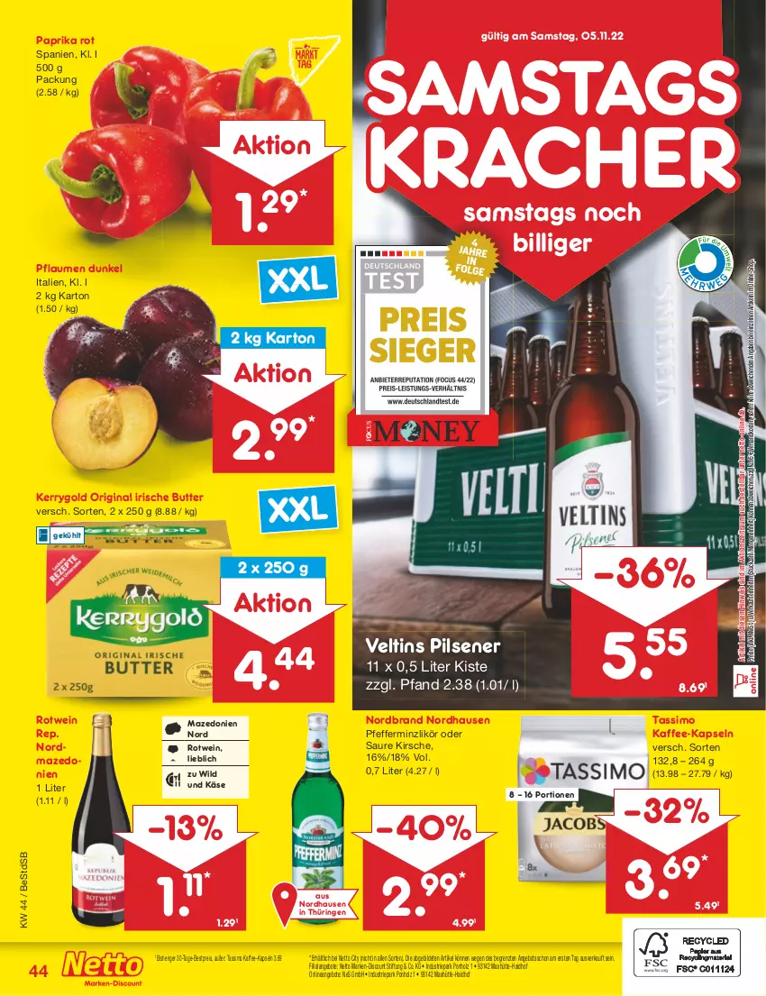 Aktueller Prospekt Netto Marken-Discount - Filial-Angebote - von 01.11 bis 05.11.2022 - strona 44 - produkty: angebot, angebote, bestpreis, butter, discount, eis, gin, Holz, irische butter, kaffee, kaffee-kapseln, Käse, kerrygold, kirsch, kirsche, kracher, likör, marken-discount, ndk, nordbrand, paprika, paprika rot, pfeffer, pfefferminzlikör, pflaume, pflaumen, pils, pilsener, reis, ring, rotwein, sim, tassimo, Ti, veltins, veltins pilsener, wein, Wild, ZTE