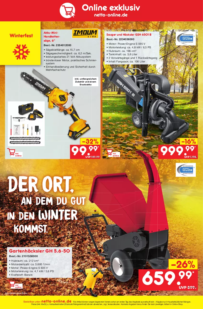 Aktueller Prospekt Netto Marken-Discount - Filial-Angebote - von 01.11 bis 05.11.2022 - strona 48 - produkty: akku, angebot, bürste, bürsten, eis, Garten, Gartenhäcksler, gin, Kette, kraft, ndk, reis, sac, säge, Ti, tisch, ZTE