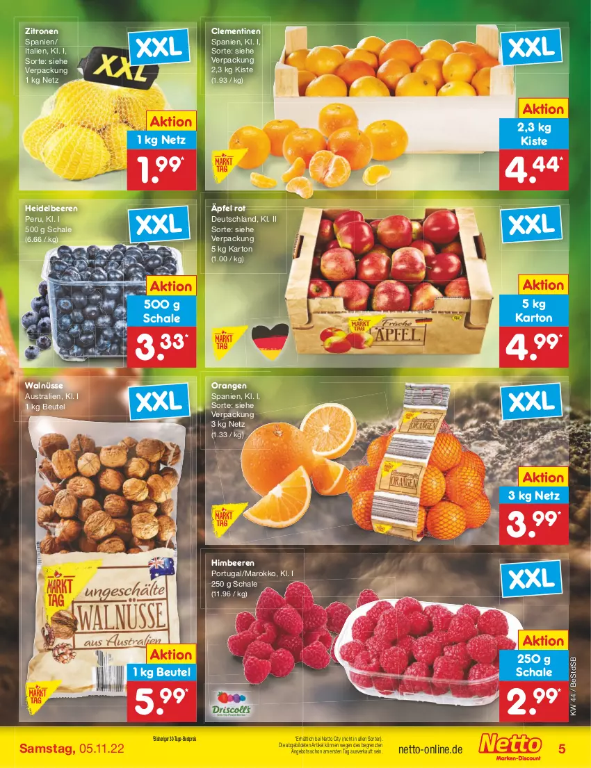 Aktueller Prospekt Netto Marken-Discount - Filial-Angebote - von 01.11 bis 05.11.2022 - strona 5 - produkty: angebot, aust, beere, beeren, bestpreis, beutel, clementinen, eis, heidelbeere, heidelbeeren, himbeer, himbeere, himbeeren, orange, orangen, reis, Schal, Schale, Ti, zitrone, zitronen, ZTE