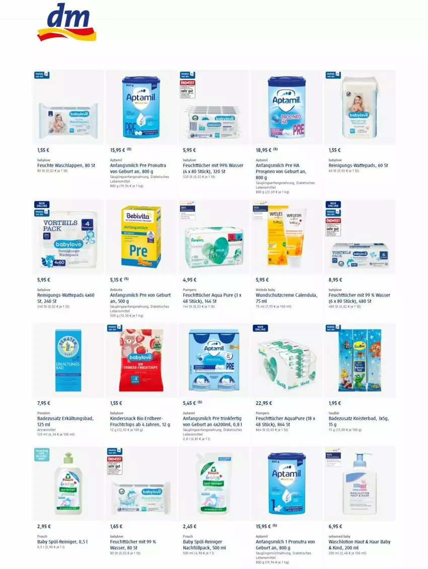 Aktueller Prospekt Dm Drogerie - Prospekte - von 16.12 bis 22.12.2021 - strona 8 - produkty: aqua, AquaPur, Baby Wundschutzcreme, Babylove, Bad, bebivita, bio, Calendula, chips, creme, Erkältungs, Erkältungsbad, feuchttücher, Frosch, frucht, Kinder, lebensmittel, Lotion, milch, pampers, penaten, reiniger, Reinigung, Schutzcreme, sebamed, snack, Ti, tisch, tücher, vita, waschlappen, Waschlotion, wasser, wattepads, weleda