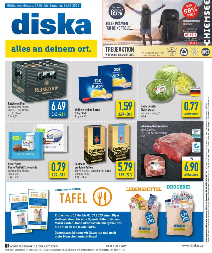 Aktueller Prospekt Diska - Prospekte - von 19.06 bis 24.06.2023 - strona 1 - produkty: aktionspreis, angebot, angebote, bier, braten, butter, dallmayr, eis, eisbergsalat, kaffee, krone, prodomo, reis, ritter, ritter sport, salat, schoko, schokolade, schwein, schweine, Sport, Ti, Tüte, weihenstephan, wein, weine, ZTE