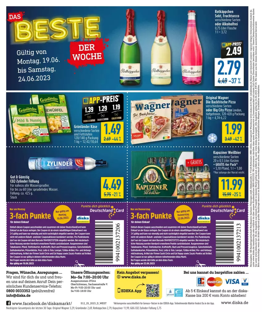 Aktueller Prospekt Diska - Prospekte - von 19.06 bis 24.06.2023 - strona 12 - produkty: aktionspreis, alkohol, angebot, angebote, buch, coupon, deka, ecco, eis, elle, ente, erde, flasche, frucht, fruchtsecco, gin, grünländer, guthabenkarte, gutschein, Käse, kraft, nuss, original wagner, pizza, reis, rotkäppchen, sekt, Sprudel, Tchibo, tee, telefon, Ti, uhr, wagner, wasser, wassersprudler, ZTE