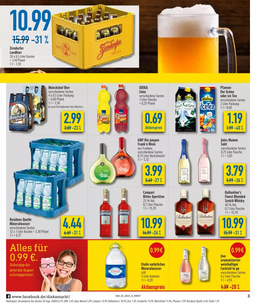 Aktueller Prospekt Diska - Prospekte - von 19.06 bis 24.06.2023 - strona 8 - produkty: aktionspreis, Alwa, ball, beutel, bier, campari, cocktail, deka, eis, elle, flasche, ice tea, jules mumm, limo, mineralwasser, mönchshof, mumm, pfanne, Pfanner, reis, scotch, scotch whisky, sekt, Ti, wasser, wein, whisky, ZTE