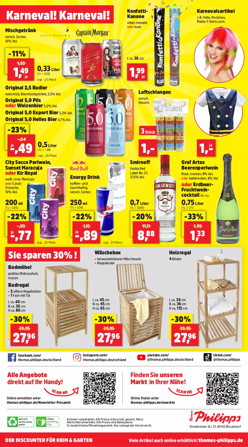 Aktueller Prospekt Thomas Philipps - von 05.02 bis 10.02.2024 - strona 8 - produkty: abholpreise, alle preise sind abholpreise, angebot, angebote, Bad, Badmöbel, Badregal, beere, beeren, bier, cassis, Clin, cocktail, decke, Deckel, discount, drink, ecco, eis, elle, energy drink, frizzante, frucht, Garten, getränk, gin, Handy, Holz, Luftschlangen, maracuja, möbel, natur, nuss, papier, pils, radler, regal, reis, sac, shirt, shirts, smirnoff, T-Shirt, Ti, vodka, walnuss, wein, Yo