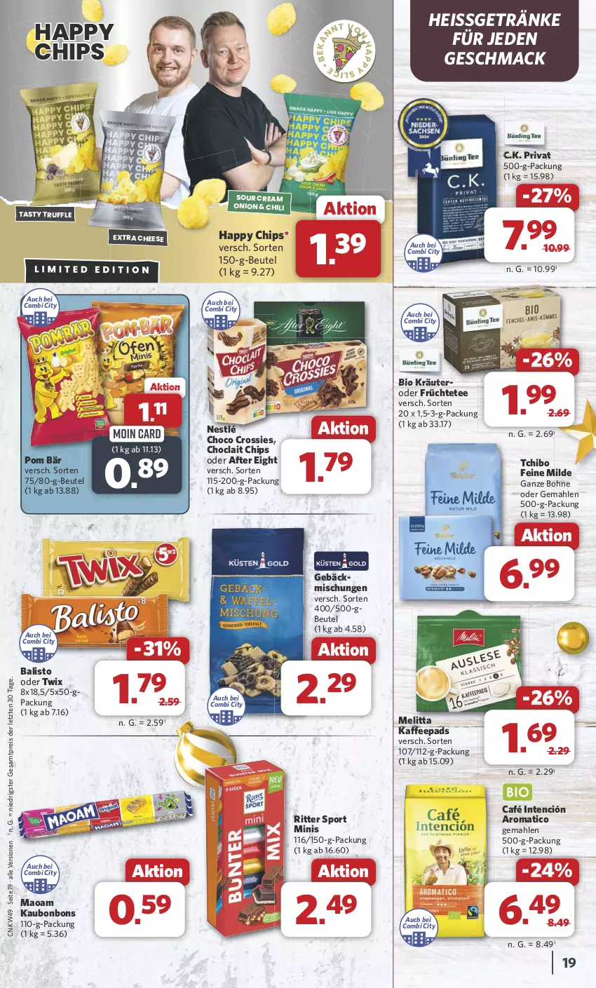 Aktueller Prospekt Combi - Prospekte - von 02.12 bis 07.12.2024 - strona 19 - produkty: after eight, balisto, beutel, bio, bohne, bonbons, chili, chips, choclait chips, choco crossies, crossies, eis, früchte, Früchtetee, gebäckmischung, getränk, getränke, kaffee, kaffeepads, kräuter, mac, maoam, melitta, nestlé, oder twix, reis, ritter, ritter sport, sour cream, Sport, Tchibo, tee, Ti, twix, ZTE