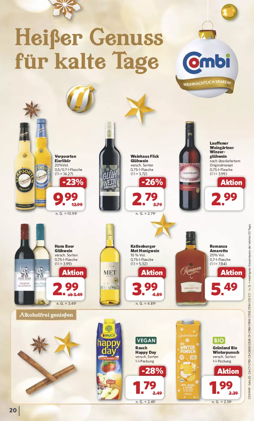 Aktueller Prospekt Combi - Prospekte - von 02.12 bis 07.12.2024 - strona 20 - produkty: alkohol, Amaretto, bio, burger, eier, eierlikör, eis, flasche, gin, Glühwein, Happy Day, honig, katlenburger, likör, nuss, Rauch, reis, rezept, Ti, verpoorten, wein, ZTE