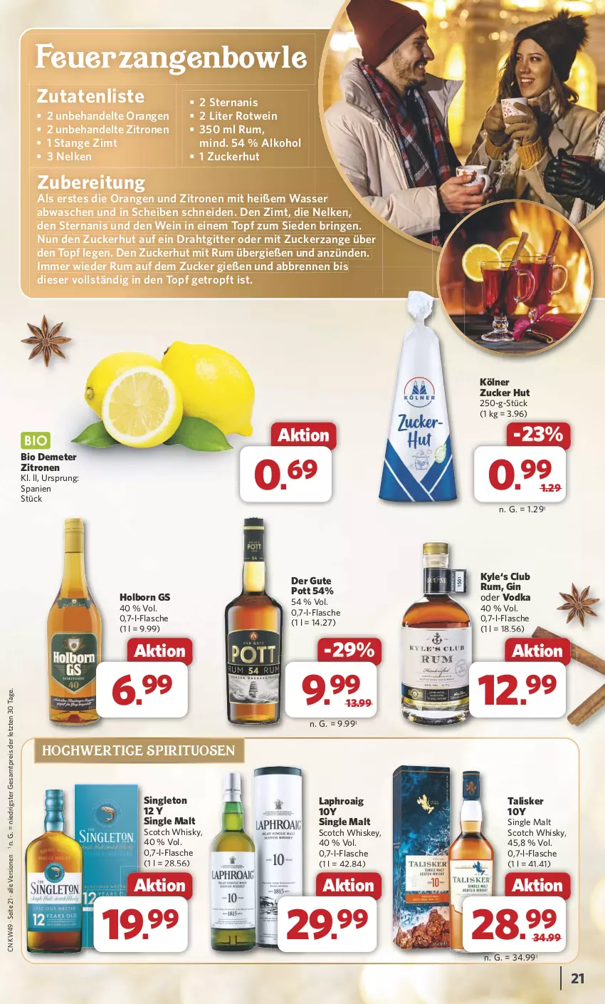 Aktueller Prospekt Combi - Prospekte - von 02.12 bis 07.12.2024 - strona 21 - produkty: alkohol, bio, bowle, Draht, eis, flasche, gin, laphroaig, orange, orangen, reis, ring, rotwein, rum, scotch, scotch whisky, single malt, spirituosen, Ti, topf, vodka, wasser, wein, whiskey, whisky, Zangen, zitrone, zitronen, ZTE, zucker