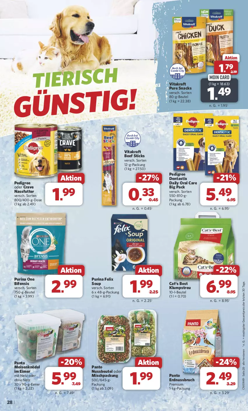 Aktueller Prospekt Combi - Prospekte - von 02.12 bis 07.12.2024 - strona 28 - produkty: asti, beef, beutel, dentastix, eimer, eis, erdnuss, felix, HP, klumpstreu, Knödel, kraft, Meisenknödel, nassfutter, nuss, pedigree, purina, reis, snack, snacks, Ti, vita, vitakraft, ZTE