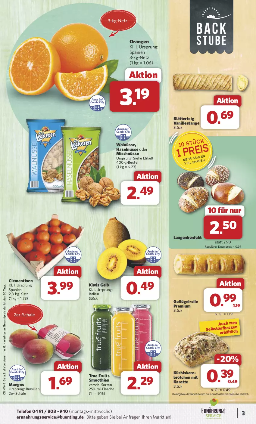 Aktueller Prospekt Combi - Prospekte - von 02.12 bis 07.12.2024 - strona 3 - produkty: angebot, angebote, beutel, blätterteig, brötchen, clementinen, eis, flasche, Geflügel, kiwi, Kürbis, Kürbiskernbrötchen, mango, mangos, orange, orangen, reis, Schal, Schale, smoothie, smoothies, stube, telefon, Ti, true fruits, vanille, Vanillestange, ZTE