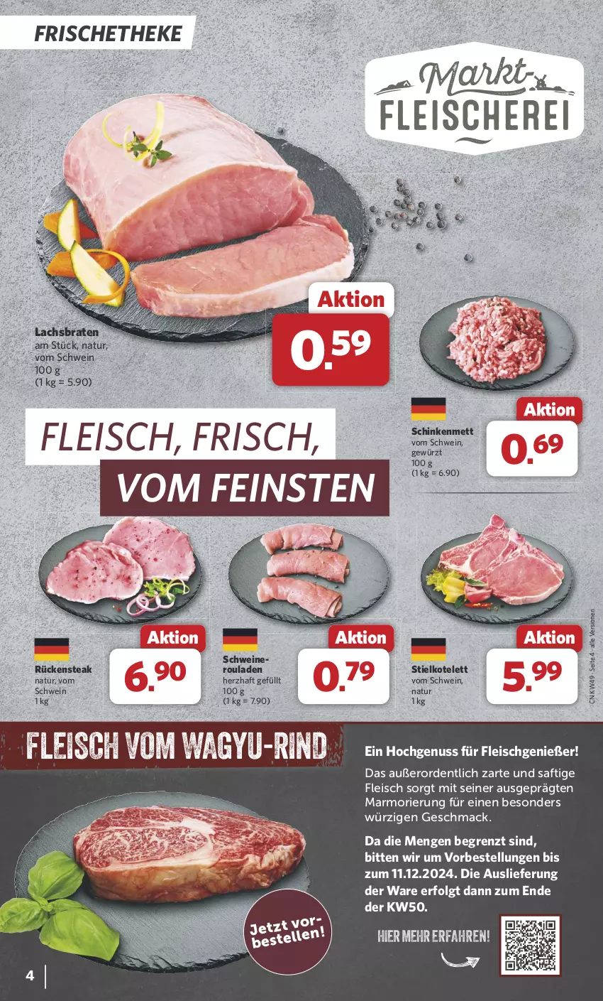 Aktueller Prospekt Combi - Prospekte - von 02.12 bis 07.12.2024 - strona 4 - produkty: braten, eis, fleisch, gewürz, kotelett, lachs, Lachsbraten, LG, mac, Mett, natur, nuss, rind, rouladen, Rückensteak, saft, schinken, schwein, schweine, steak, Ti, wein, weine