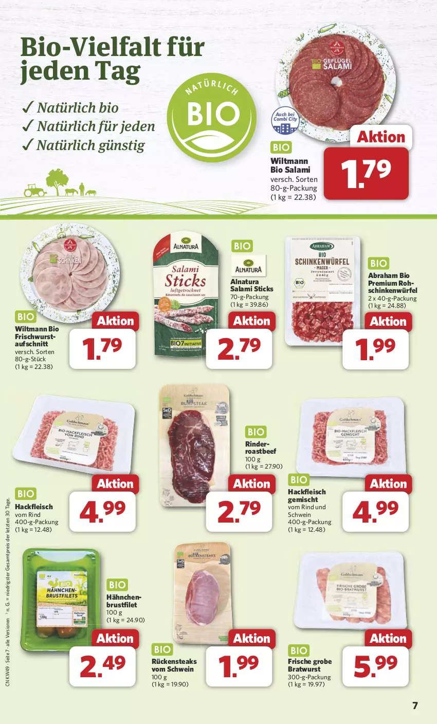 Aktueller Prospekt Combi - Prospekte - von 02.12 bis 07.12.2024 - strona 7 - produkty: aufschnitt, beef, bio, bratwurst, brustfilet, eis, filet, fleisch, grobe bratwurst, hackfleisch, hackfleisch gemischt, natur, natura, reis, rind, rinder, roastbeef, Rückensteak, rückensteaks, salami, schinken, schwein, steak, steaks, Ti, wein, wiltmann, würfel, wurst, ZTE