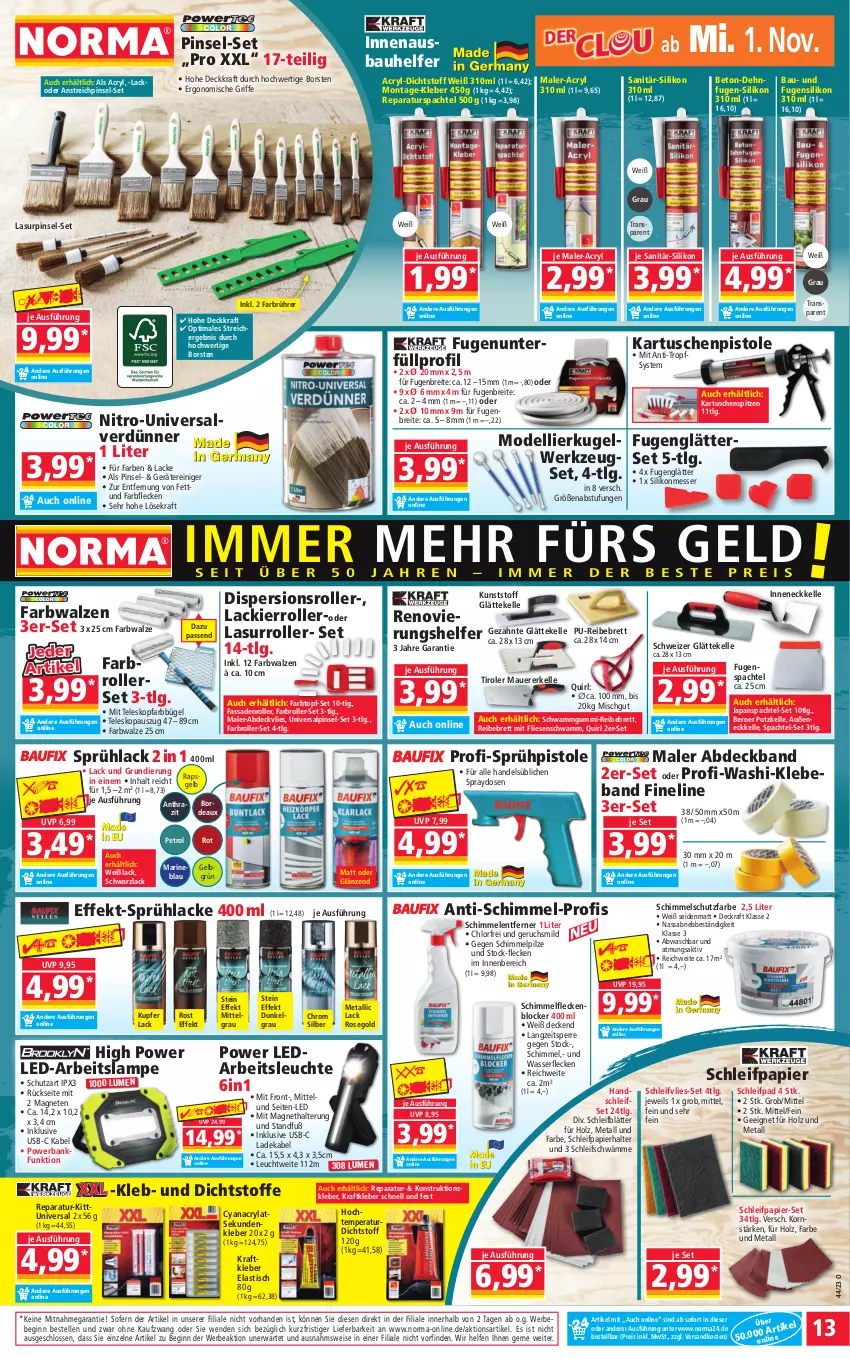 Aktueller Prospekt Norma - Norma - von 30.10 bis 06.11.2023 - strona 13 - produkty: abdeckvlies, Arbeitsleuchte, asti, auer, Bank, Bau, Beba, Bebe, Brei, brie, bügel, decke, deka, dell, Dispersionsroller, eis, elle, Farbroller, Farbwalzen, Fassadenroller, Fugenglätter, gin, Holz, HP, kleber, korn, kraft, Kugel, lack, Lacke, Lackierroller, ladekabel, Lampe, Lasurroller, Leuchte, LG, messer, Mode, ndk, Nitro-Universalverdünner, papier, pilze, Pinsel, powerbank, reiniger, reis, Roller, rwe, Schleifpapier, schwamm, spachtel, Sprühlack, Sprühpistole, Teleskop, Ti, tisch, topf, topf-set, Universalverdünner, usb, wasser, Weißlack, werkzeug