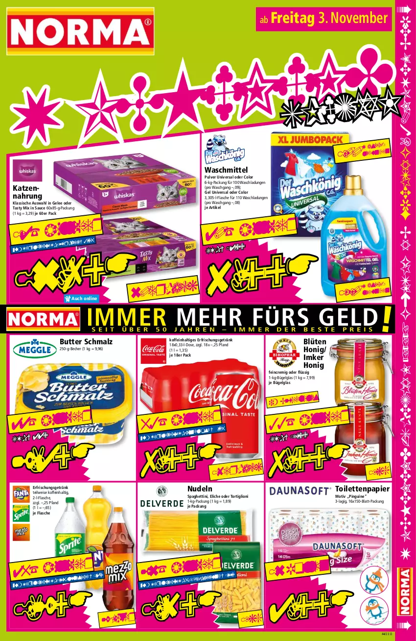 Aktueller Prospekt Norma - Norma - von 30.10 bis 06.11.2023 - strona 15 - produkty: Becher, Blüte, bügel, butter, eis, erfrischungsgetränk, flasche, gelee, getränk, honig, katzennahrung, LG, lion, malz, nudel, nudeln, papier, pingui, sauce, Schmalz, spaghetti, Ti, toilettenpapier, waschmittel