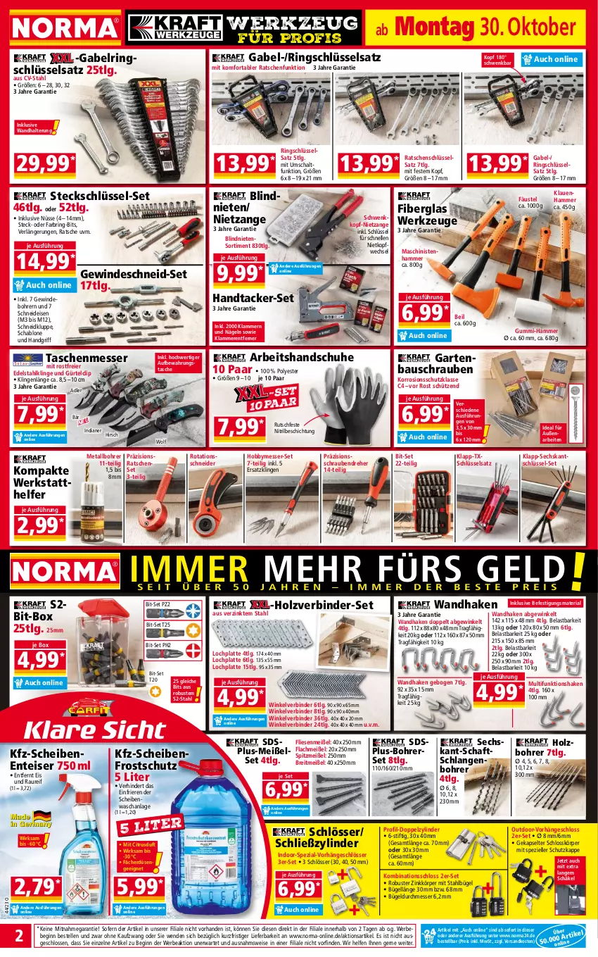 Aktueller Prospekt Norma - Norma - von 30.10 bis 06.11.2023 - strona 2 - produkty: aufbewahrungstasche, Bau, Bebe, Bohrerset, Brei, bügel, citrus, edelstahl, eier, eis, elle, ente, gabel, Garten, gin, handschuhe, Hobby, Holz, HP, Klammern, lamm, latte, LG, messer, ndk, reis, Ria, ring, Ringschlüsselsatz, Schal, Scheibenfrostschutz, schrauben, Schraubendreher, schuhe, Schütze, shake, Spezi, Tasche, taschen, Ti, wandhalterung, werkzeug, werkzeuge