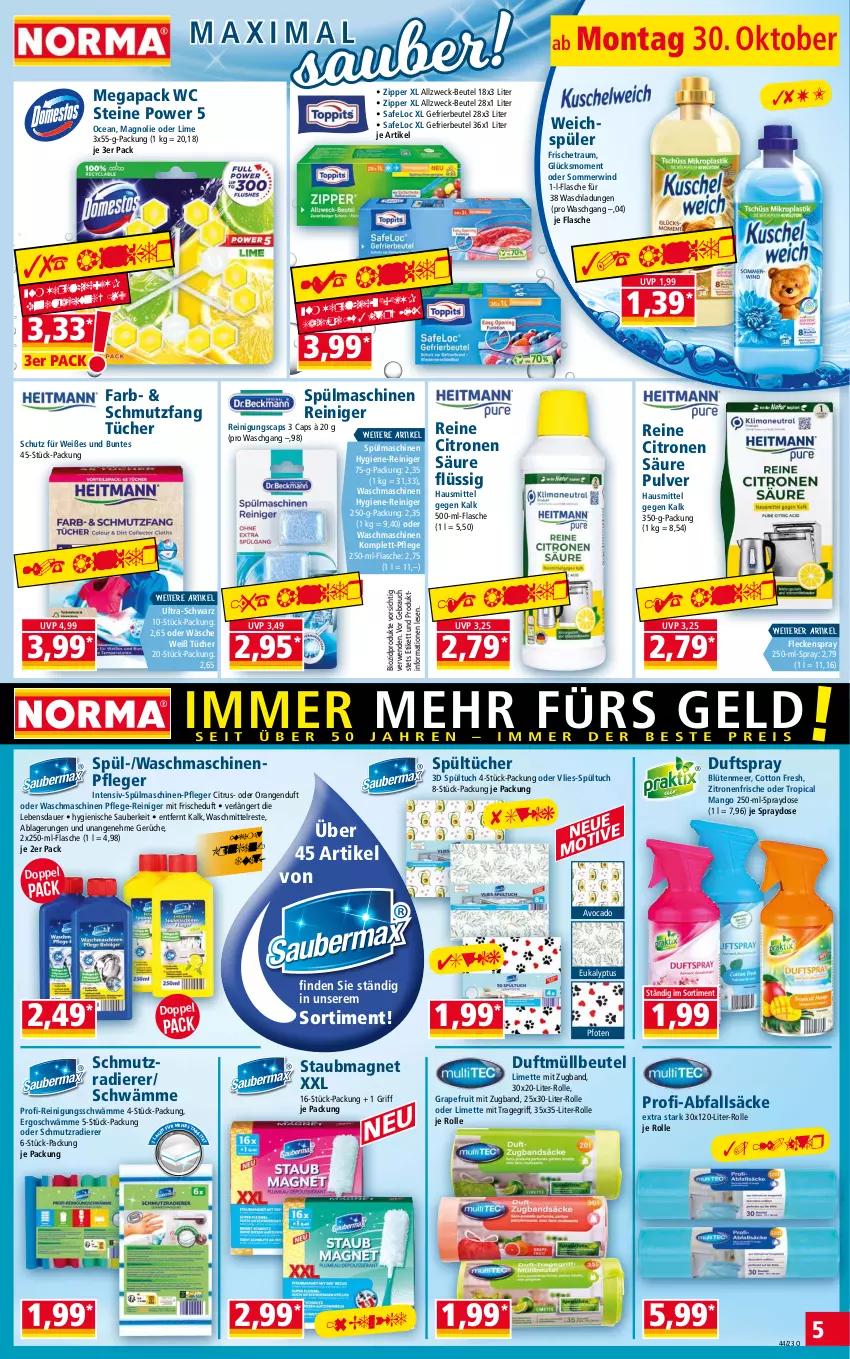 Aktueller Prospekt Norma - Norma - von 30.10 bis 06.11.2023 - strona 5 - produkty: auer, avocado, beutel, bio, biozidprodukte, Blüte, Cap, citrus, Duftspray, flasche, gefrierbeutel, grapefruit, hygiene-reiniger, limette, mango, Maschinenpfleger, Mett, müllbeutel, orange, orangen, Rauch, reiniger, Reinigung, rwe, spülmaschinen, staubmagnet, Ti, tragegriff, tuc, tücher, waschmaschine, waschmaschinen, waschmittel, weck, weichspüler, zipper, zitrone, zitronen