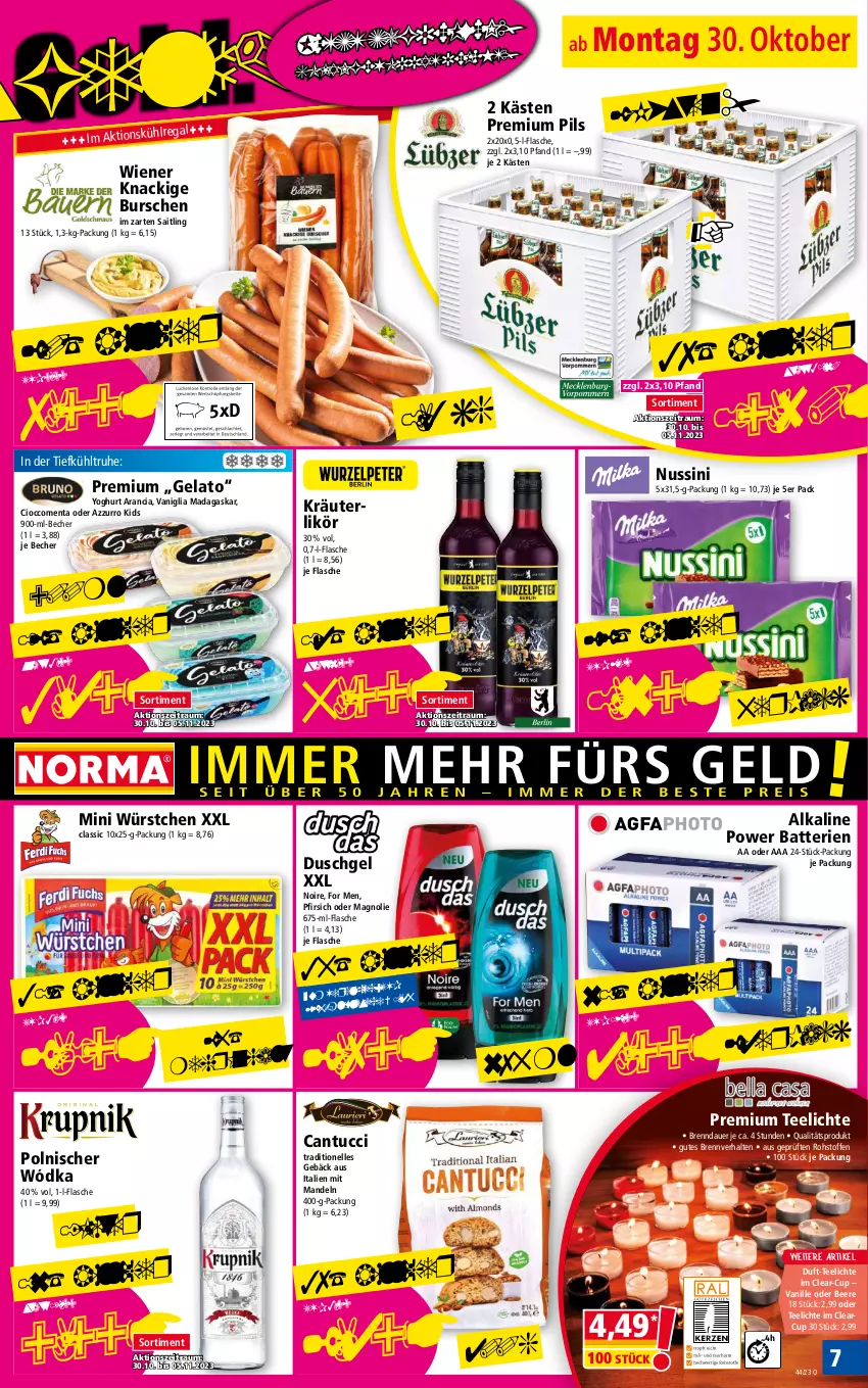 Aktueller Prospekt Norma - Norma - von 30.10 bis 06.11.2023 - strona 7 - produkty: auer, batterie, batterien, Becher, beere, duschgel, elle, flasche, im zarten saitling, kräuter, kräuterlikör, likör, mandel, mandeln, nuss, pfirsich, pils, premium pils, regal, tee, Teelicht, teelichte, Ti, tuc, vanille, wiener, würstchen, Yo, yoghurt