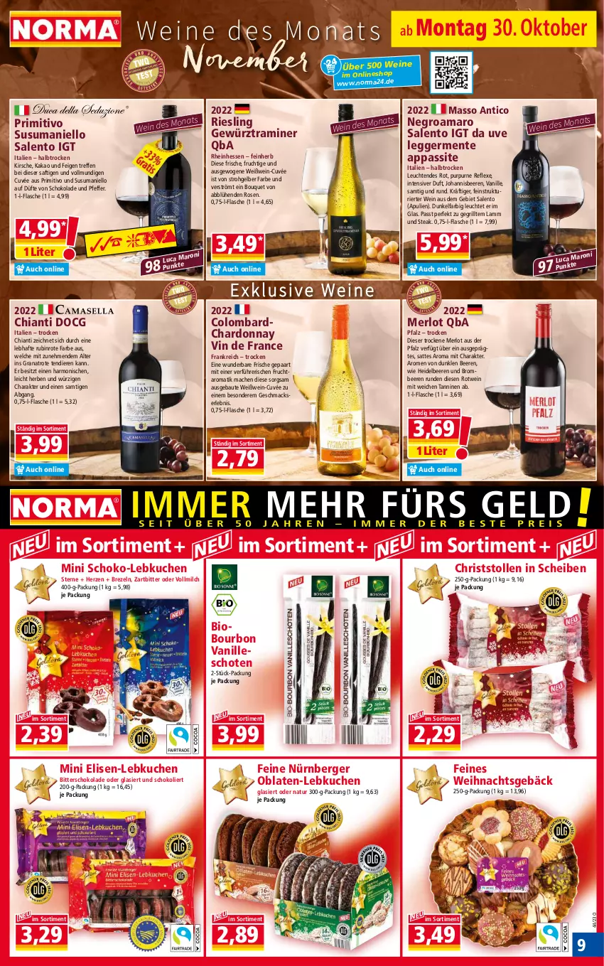 Aktueller Prospekt Norma - Norma - von 30.10 bis 06.11.2023 - strona 9 - produkty: amaro, Bau, beere, beeren, Berger, bio, bourbon, bourbon vanille, brezel, Brezeln, brombeere, brombeeren, chardonnay, chia, chianti, cuvée, Egger, ente, Feigen, flasche, frucht, Germ, gewürz, grana, grill, heidelbeere, heidelbeeren, johannisbeere, Johannisbeeren, kakao, kirsch, kirsche, kuchen, lamm, Lebkuchen, Leuchte, leuchten, mac, merl, merlot, milch, natur, nürnberger, Oblaten, pfeffer, primitivo, Rana, riesling, rosen, rotwein, Rubin, saft, schoko, schokolade, steak, Stollen, Ti, vanille, vin de france, vollmilch, wein, weine, Weißwein, weißwein-