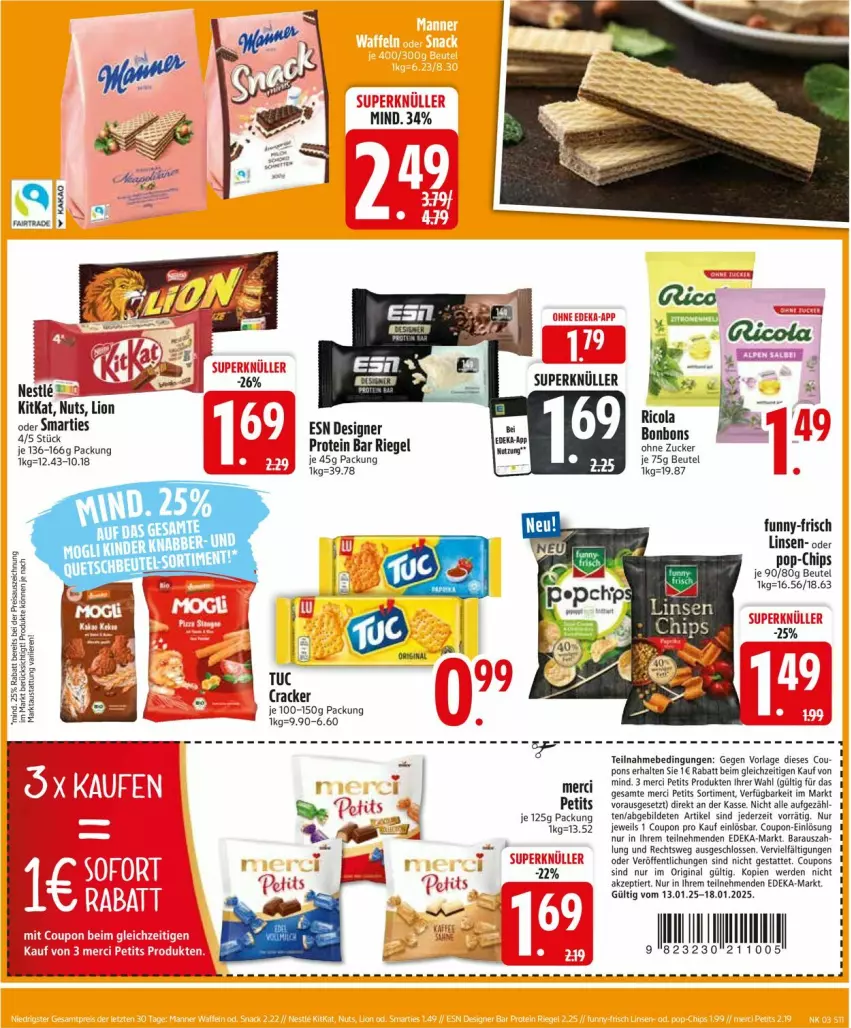 Aktueller Prospekt Edeka - Prospekte - von 13.01 bis 18.01.2025 - strona 13 - produkty: beutel, bonbons, chips, cola, coupon, coupons, cracker, deka, erde, funny-frisch, gin, kitkat, linsen, lion, merci, Ricola, riegel, Ti, tuc, zucker