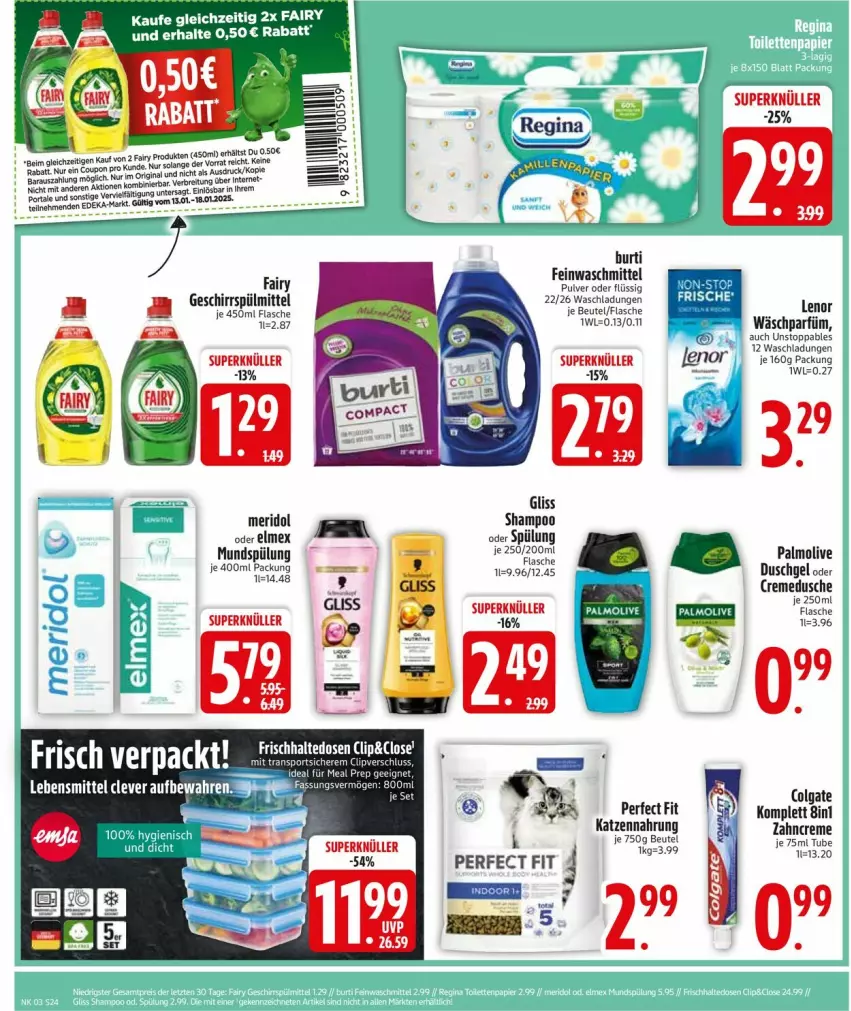 Aktueller Prospekt Edeka - Prospekte - von 13.01 bis 18.01.2025 - strona 26 - produkty: beutel, burti, colgate, creme, cremedusche, deka, dusche, duschgel, elmex, ente, fairy, feinwaschmittel, flasche, frischhaltedosen, geschirr, geschirrspülmittel, gliss, HP, katzennahrung, lenor, LG, meridol, mundspülung, olive, palmolive, Perfect Fit, shampoo, shampoo oder spülung, Sport, spülmittel, spülung, tee, Ti, waschmittel, zahncreme