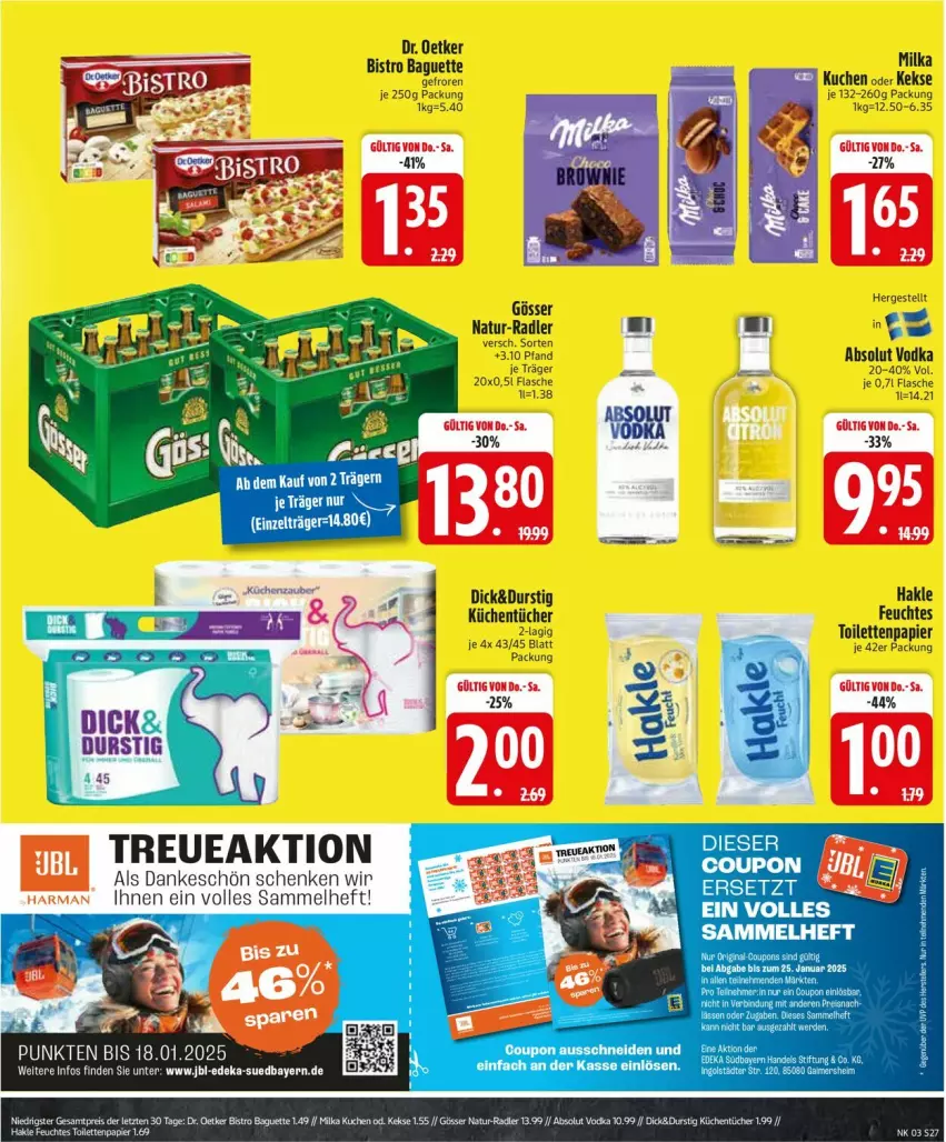 Aktueller Prospekt Edeka - Prospekte - von 13.01 bis 18.01.2025 - strona 29 - produkty: Absolut Vodka, baguette, Bistro Baguette, coupon, Dr. Oetker, eis, ente, flasche, gösser, hakle, keks, kekse, küche, Küchen, kuchen, küchentücher, milka, natur, papier, radler, reis, Ti, toilettenpapier, tücher, vodka, Zelt, ZTE