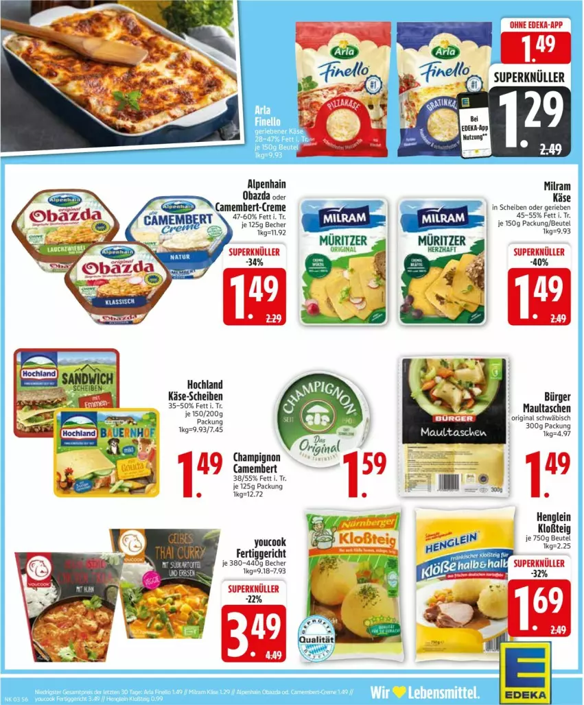 Aktueller Prospekt Edeka - Prospekte - von 13.01 bis 18.01.2025 - strona 8 - produkty: Alpenhain, auer, Bau, Bauer, Becher, beutel, camembert, champignon, creme, deka, fertiggericht, gin, henglein, hochland, Käse, maultaschen, milram, obazda, Tasche, taschen, Ti, Yo, YouCook