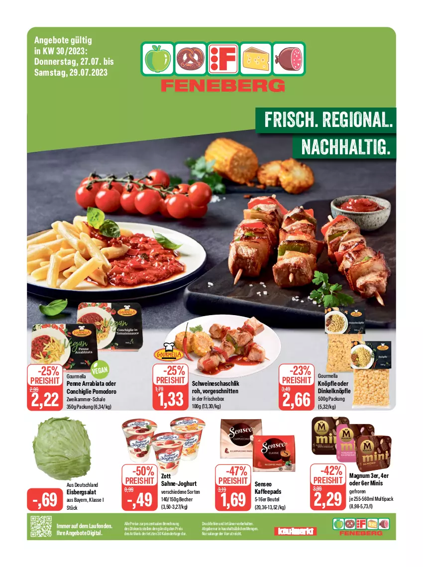 Aktueller Prospekt Feneberg - Prospekte - von 27.07 bis 29.07.2023 - strona 1 - produkty: angebot, angebote, Becher, beutel, eis, eisbergsalat, elle, joghur, joghurt, kaffee, kaffeepads, Laufen, magnum, penne, reis, sahne, salat, Schal, Schale, schnitten, schwein, schweine, senseo, Ti, wein, weine, zott, ZTE