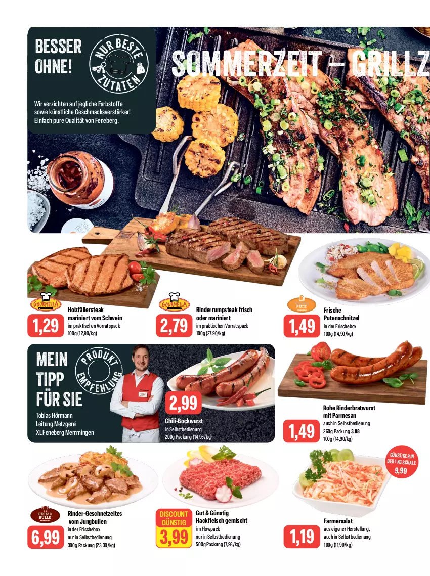 Aktueller Prospekt Feneberg - Prospekte - von 27.07 bis 29.07.2023 - strona 2 - produkty: bockwurst, bratwurst, chili, discount, eis, emmi, fleisch, geschnetzeltes, grill, hackfleisch, hackfleisch gemischt, Holz, jungbullen, mac, pute, putenschnitzel, rind, rinder, Rinderbratwurst, rum, rumpsteak, salat, Schal, Schale, schnitzel, schwein, steak, Ti, tisch, wein, wurst, wurst in selbstbedienung, Zelt