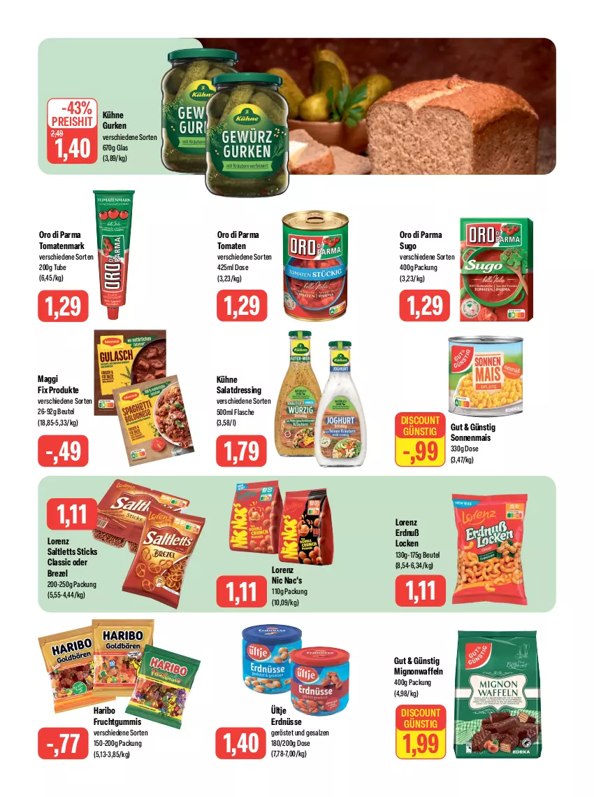 Aktueller Prospekt Feneberg - Prospekte - von 27.07 bis 29.07.2023 - strona 9 - produkty: beutel, brezel, discount, dressing, eis, erdnüsse, flasche, frucht, fruchtgummi, fruchtgummis, gurke, gurken, haribo, Kühne, lorenz, maggi, maggi fix, mais, oro di parma, reis, salat, salatdressing, saltletts, salz, Sugo, Ti, tomate, tomaten, tomatenmark, ültje, ültje erdnüsse, waffeln