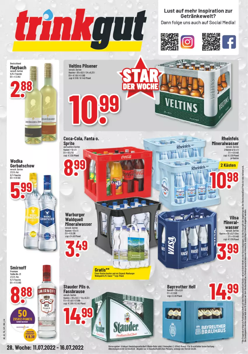 Aktueller Prospekt Trinkgut - von 11.07 bis 16.07.2022 - strona 1 - produkty: Alwa, angebot, angebotspreis, brause, burger, coca-cola, cola, deka, deutschlandcard, eis, erde, fanta, fassbrause, flasche, getränk, getränke, Gorbatschow, LG, maybach, mineralwasser, pils, pilsener, reis, smirnoff, sprite, Ti, uhr, veltins, veltins pilsener, vodka, wasser, wodka