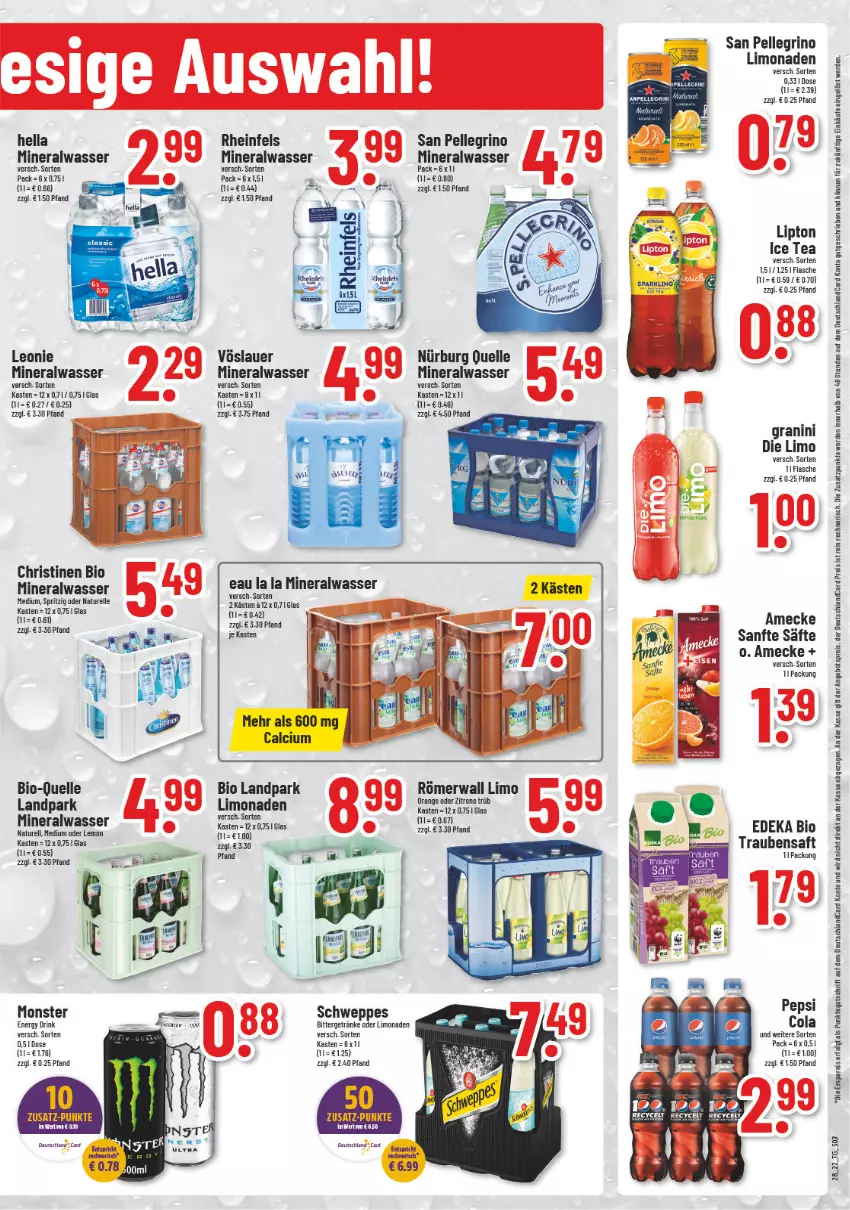 Aktueller Prospekt Trinkgut - von 11.07 bis 16.07.2022 - strona 3 - produkty: Alwa, amecke, angebot, angebotspreis, auer, bio, Calcium, cola, deka, deutschlandcard, drink, edeka bio, eis, elle, energy drink, erde, flasche, granini, granini die limo, hella, ice tea, Intel, LG, limo, limonade, limonaden, lipton, lipton ice tea, mineralwasser, monster, natur, orange, pepsi, Pepsi Cola, reis, rel, saft, säfte, san pellegrino, schweppes, tee, Ti, trauben, Traubensaft, vöslauer, wasser, zitrone