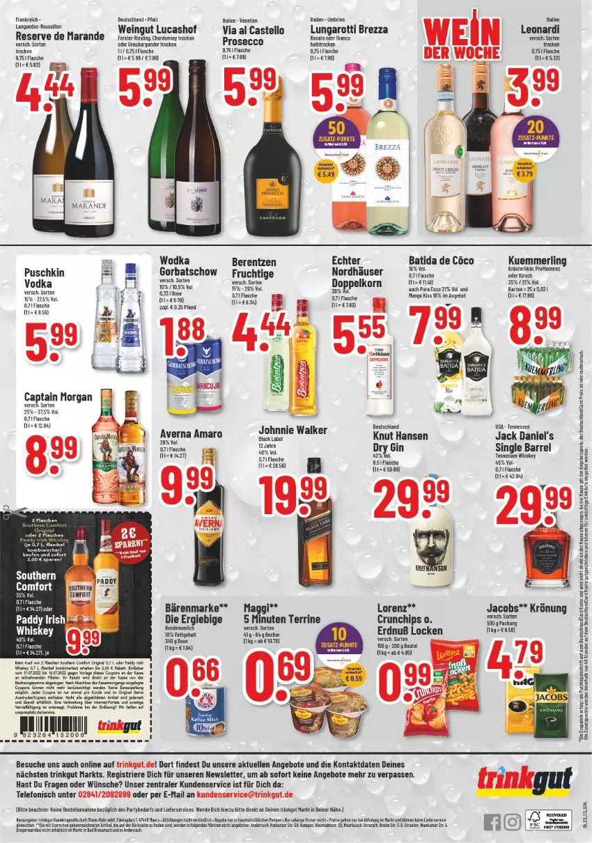 Aktueller Prospekt Trinkgut - von 11.07 bis 16.07.2022 - strona 4 - produkty: amaro, angebot, angebote, apfel, averna, Bad, bärenmarke, batida, Bau, Becher, berentzen, beutel, Brei, brie, burgunder, Cap, captain morgan, chardonnay, chips, coupon, coupons, crunchips, deka, dry gin, eis, elle, erde, flasche, frucht, gin, Gorbatschow, grauburgunder, irish whiskey, jack daniel, jack daniel's, jacobs, kondensmilch, korn, kräuter, kräuterlikör, kuemmerling, LG, lieferservice, likör, lorenz, mango, merl, merlot, milch, pfeffer, reis, rel, riesling, rosato, Southern Comfort, telefon, tennessee whiskey, terrine, Ti, uhr, vodka, wein, whiskey, wodka