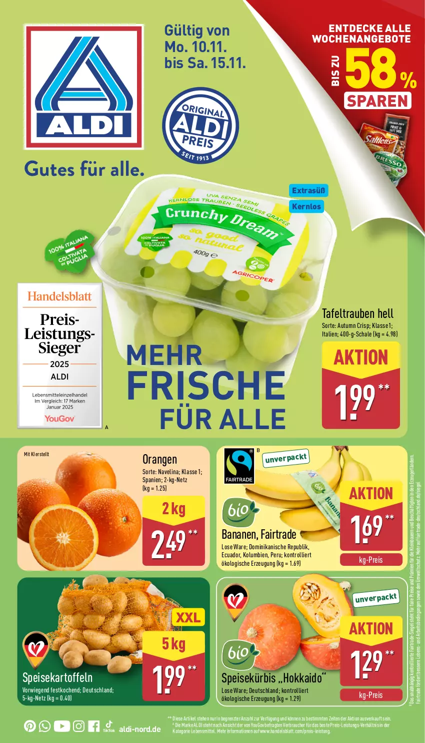 Aktueller Prospekt Aldi Nord - Von Montag - von 10.11 bis 15.11.2025 - strona 1 - produkty: aldi, angebot, angebote, auer, banane, bananen, Bau, Bauer, decke, eis, kartoffel, kartoffeln, Kürbis, lebensmittel, navelina, orange, orangen, Rauch, reis, Schal, Schale, speisekartoffeln, tafeltrauben, Ti, trauben, trolli, Yo, ZTE