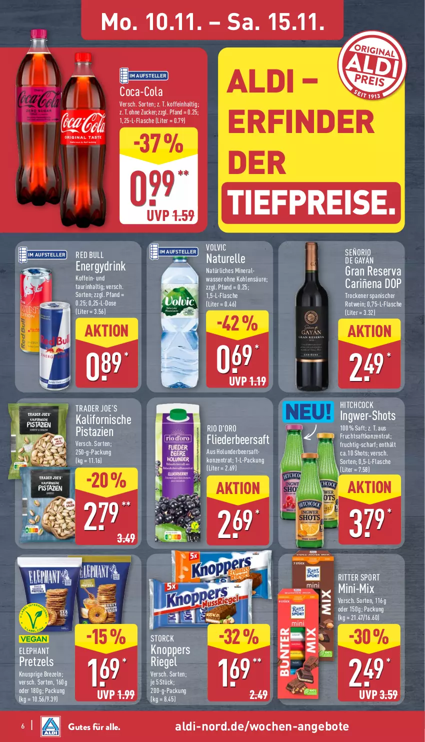 Aktueller Prospekt Aldi Nord - Von Montag - von 10.11 bis 15.11.2025 - strona 10 - produkty: aldi, angebot, angebote, brezel, Brezeln, coca-cola, cola, d'oro, drink, eis, elle, flasche, flieder, frucht, fruchtsaft, holunder, ingwer, knoppers, natur, pistazien, Pretzel, red bull, reis, rel, riegel, ritter, ritter sport, rotwein, saft, Sport, storck, teller, Ti, tiefpreis, volvic, wasser, wein, zucker