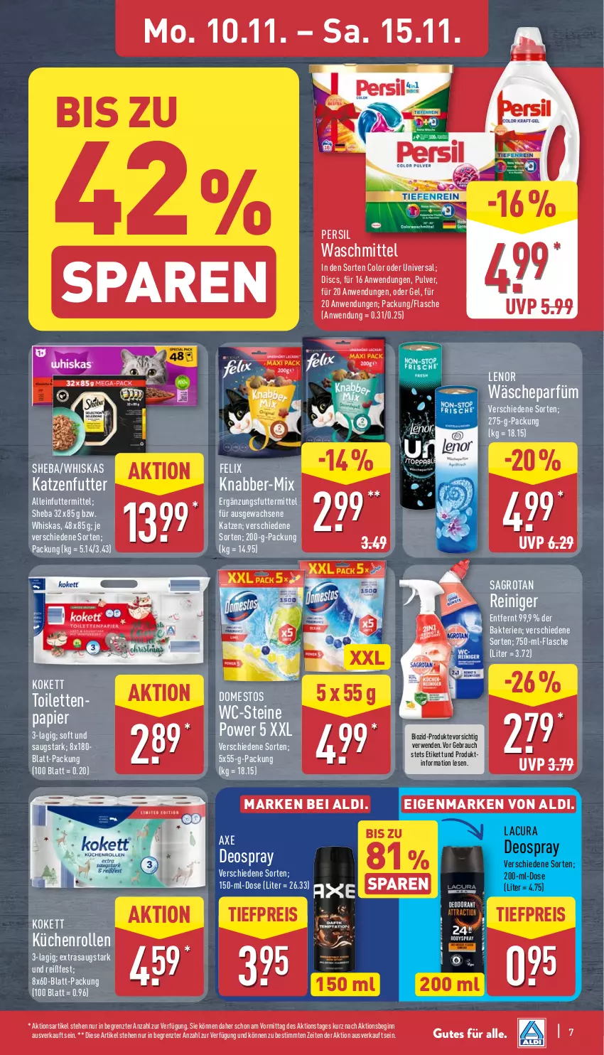 Aktueller Prospekt Aldi Nord - Von Montag - von 10.11 bis 15.11.2025 - strona 11 - produkty: aldi, alleinfuttermittel, axe, bio, deo, deospray, domestos, eis, felix, flasche, gin, katzenfutter, küche, Küchen, küchenrolle, küchenrollen, lenor, papier, persil, persil waschmittel, Rauch, reiniger, reis, rwe, sagrotan, sheba, Ti, tiefpreis, wäscheparfüm, waschmittel, WC-Steine, whiskas, ZTE