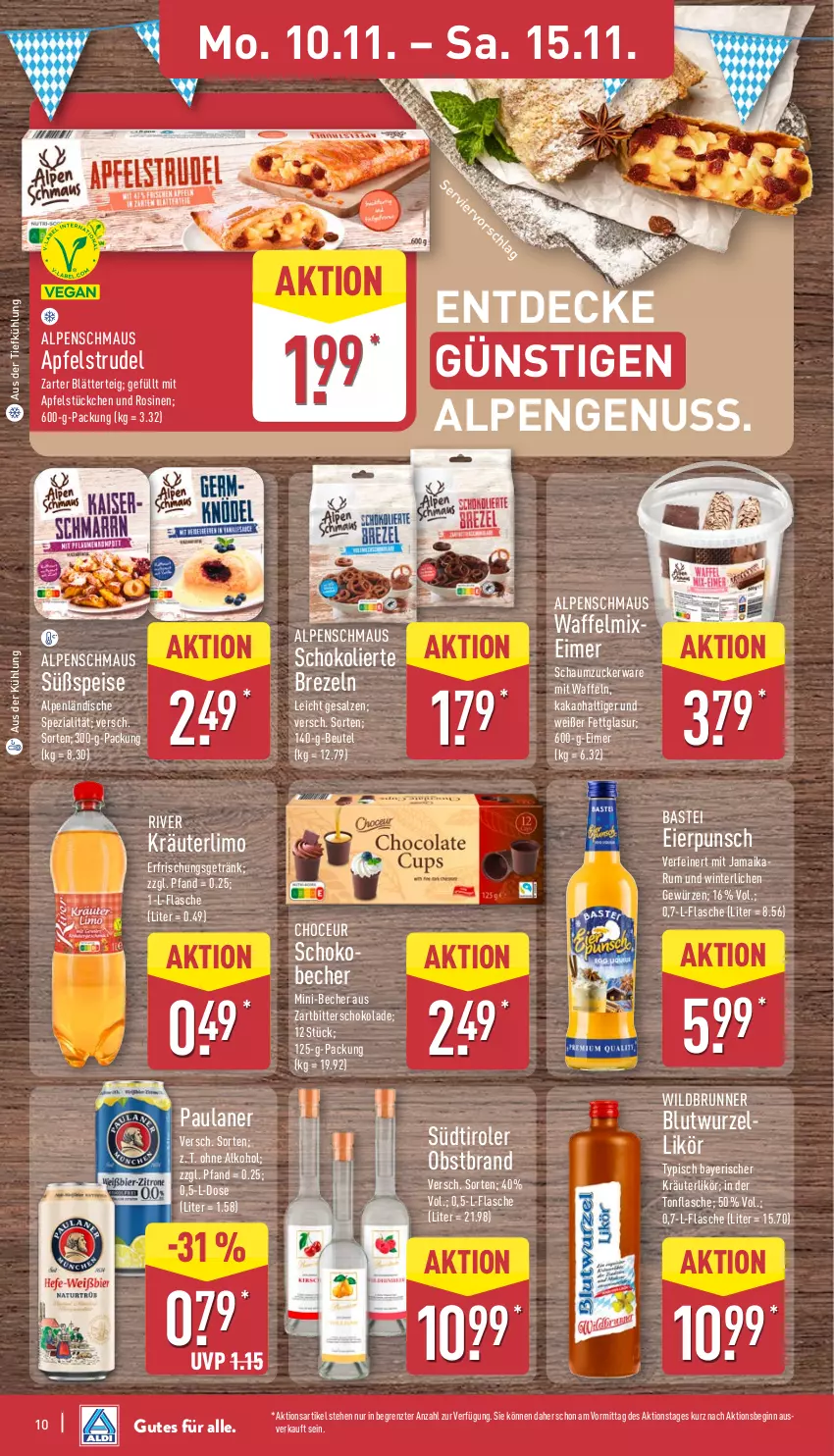 Aktueller Prospekt Aldi Nord - Von Montag - von 10.11 bis 15.11.2025 - strona 14 - produkty: alkohol, apfel, Apfelstrudel, aus der tiefkühlung, Becher, beutel, blätterteig, brezel, Brezeln, decke, eier, eimer, eis, erfrischungsgetränk, flasche, getränk, gewürz, gin, kakao, kräuter, kräuterlikör, likör, limo, Maus, nuss, obst, Obstbrand, ohne alkohol, Paula, paulaner, rum, salz, Schaumzucker, schoko, schokolade, Spezi, Strudel, südtiroler, Ti, waffeln, Wild, Zartbitterschokolade, ZTE, zucker