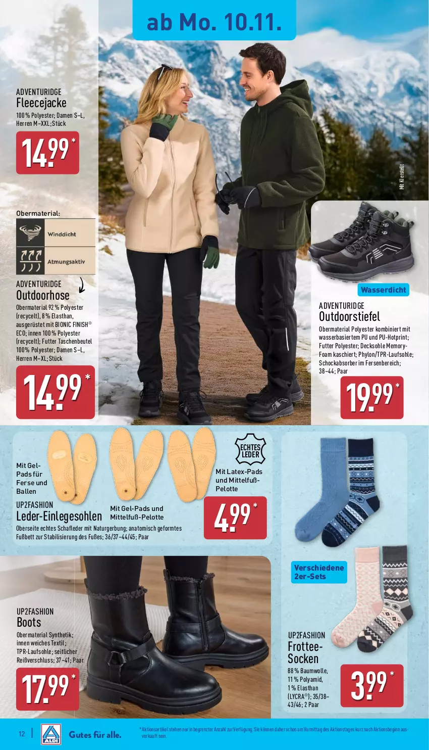 Aktueller Prospekt Aldi Nord - Von Montag - von 10.11 bis 15.11.2025 - strona 16 - produkty: ball, Bau, baumwolle, bett, beutel, bio, decksohle, Finish, Fleecejacke, gin, hose, Hylo, Jacke, natur, obermaterial synthetik, Ria, socken, Tasche, taschen, tee, Ti, up2fashion, wasser, wolle, ZTE