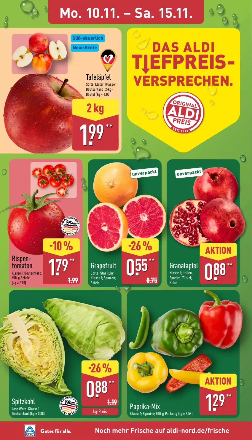 Aktueller Prospekt Aldi Nord - Von Montag - von 10.11 bis 15.11.2025 - strona 2 - produkty: aldi, apfel, beutel, eis, grana, granatapfel, grapefruit, paprika, Rana, reis, Schal, Schale, spitzkohl, tafeläpfel, Ti, tomate, tomaten