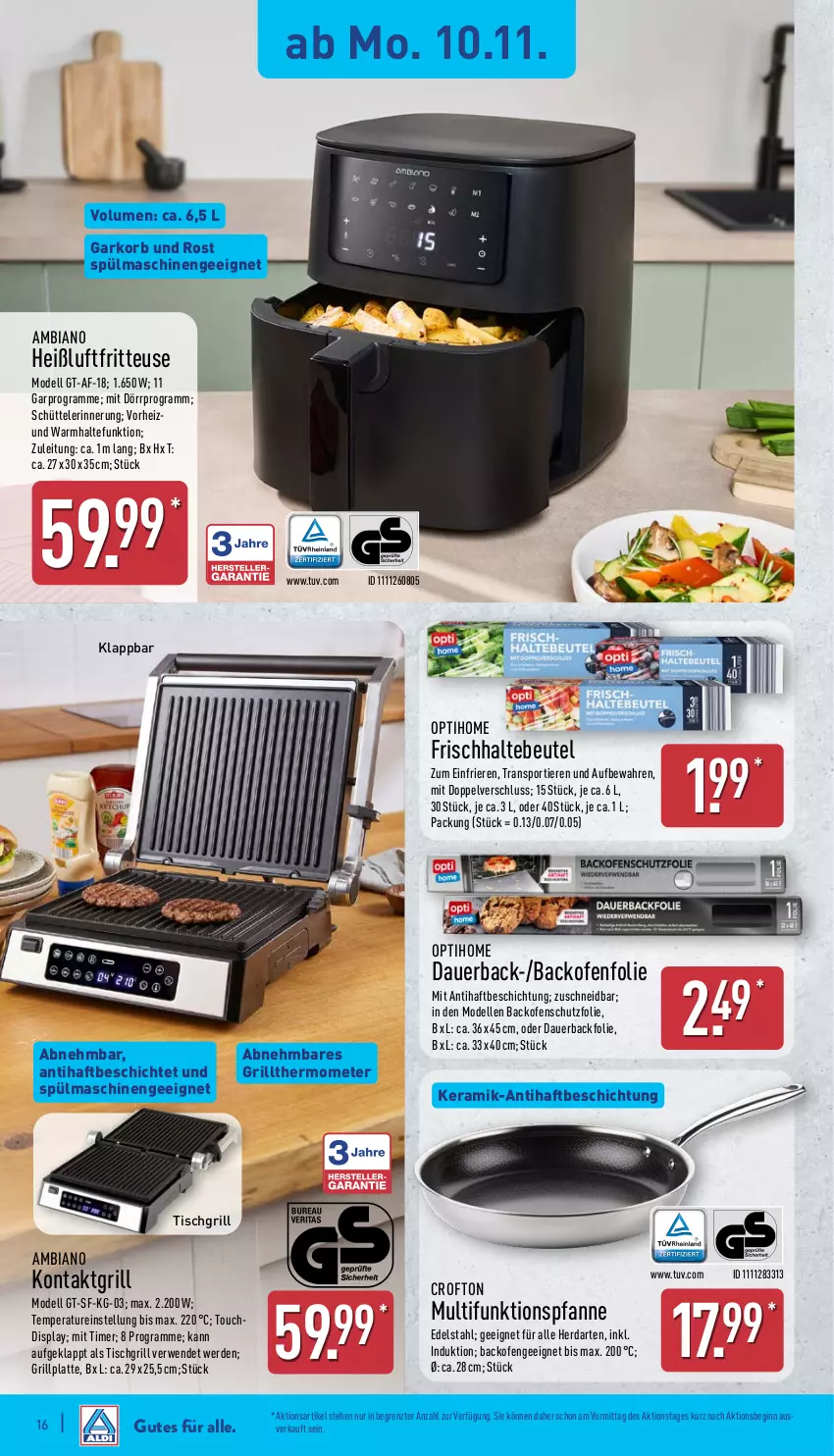Aktueller Prospekt Aldi Nord - Von Montag - von 10.11 bis 15.11.2025 - strona 20 - produkty: ambia, auer, Backfolie, backofen, beutel, Crofton, dell, edelstahl, elle, erde, fritteuse, gin, grill, grillplatte, Heißluftfritteuse, herdarten, kontaktgrill, korb, latte, Mode, Ofen, pfanne, rwe, Sport, spülmaschinen, thermometer, Ti, Tiere, timer, tisch, tischgrill, ZTE
